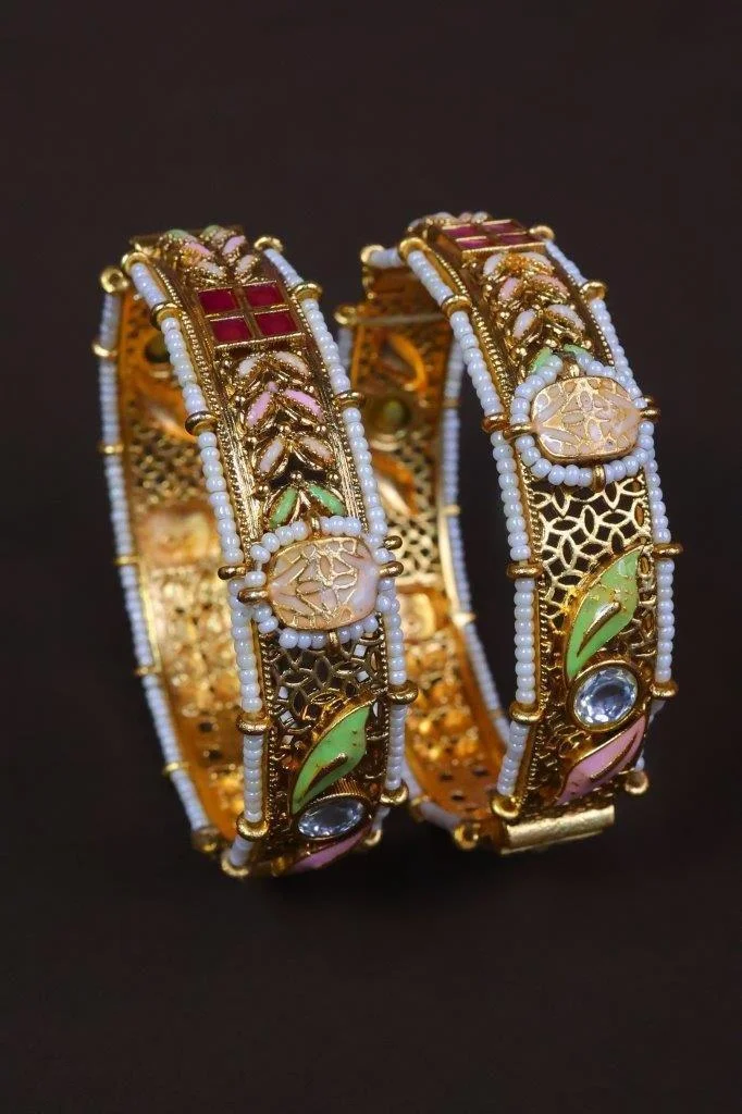 Gold Meenakari Kundan Kada with Pearl Borders