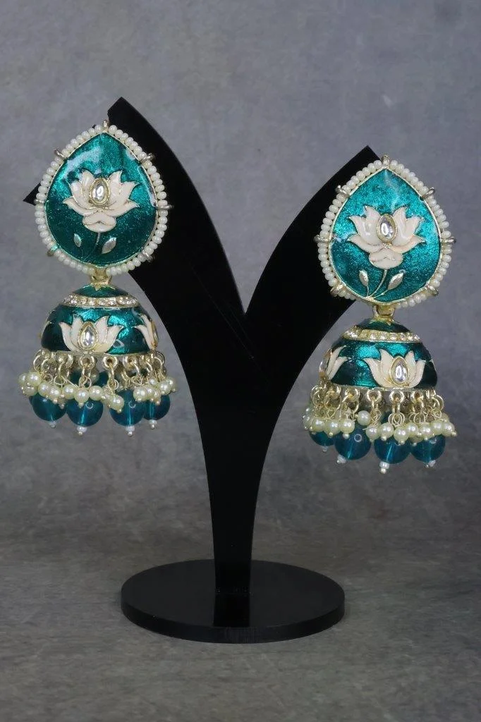 Teal Meenakari Lotus Jhumka Earrings with Bead Fringe