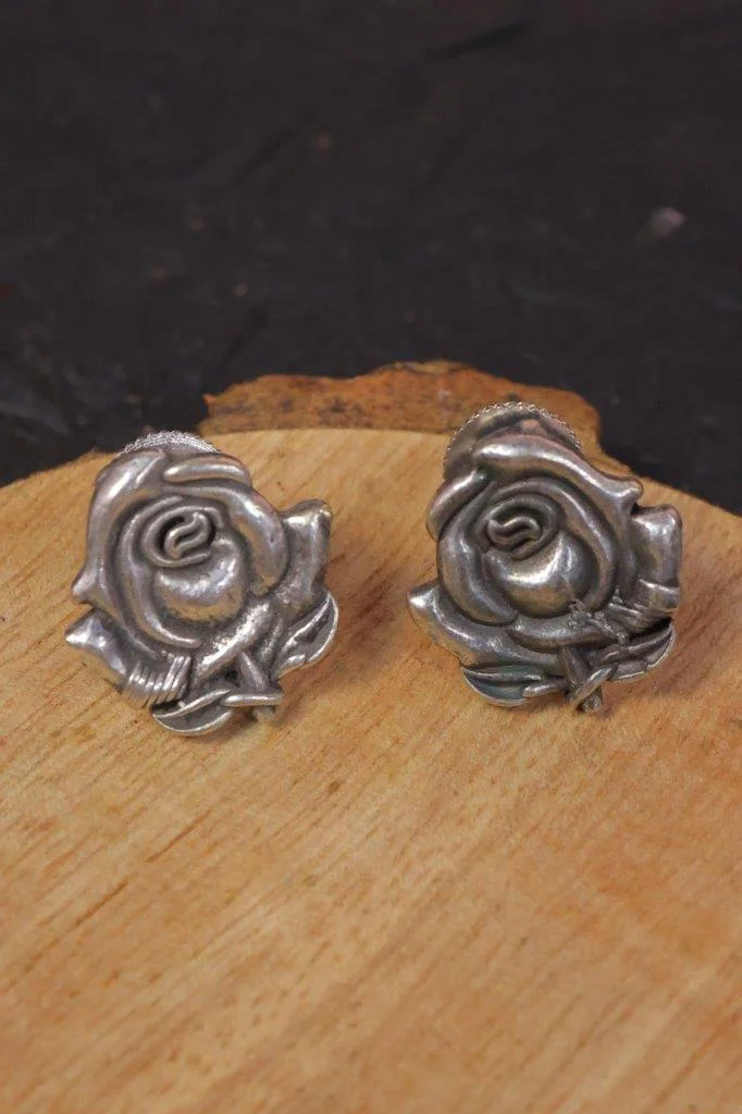 Oxidised Rose Stud Earrings in Silver Replica