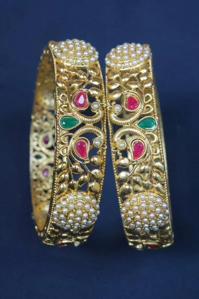 Pearl Row Kada Set of Two with Red and Green Stones
