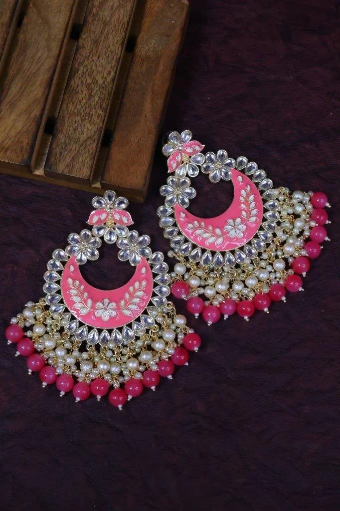 Meenakari Chandbali with Bead and Pearl Fringe
