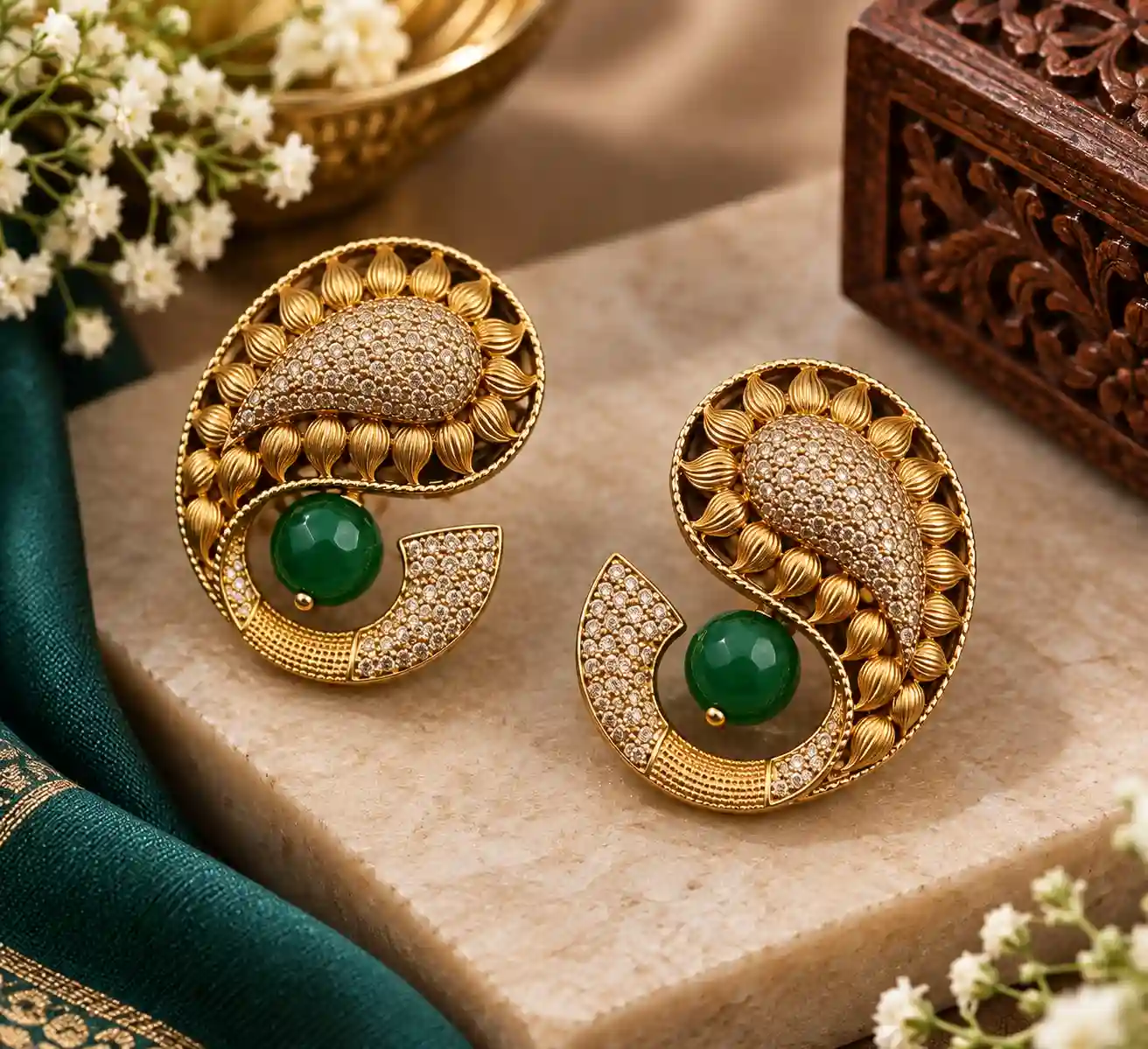 Antique Gold Paisley Stud Earrings with Pave Stones and Green Bead
