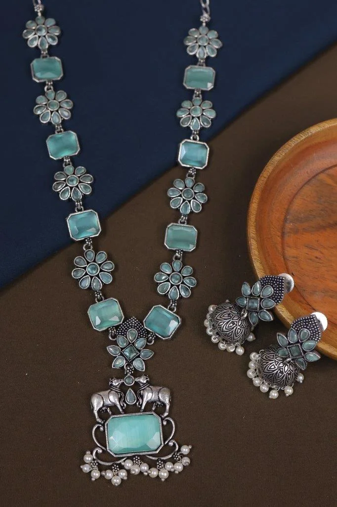 Square Stone and Flower Long Necklace with Elephant Pendant