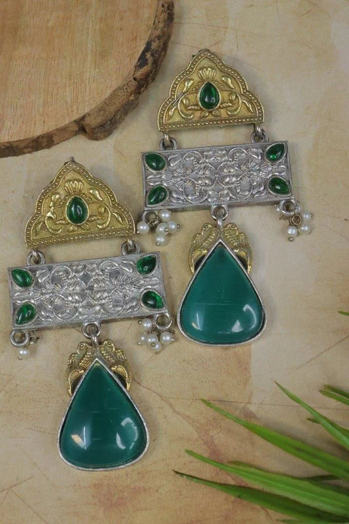 Dual Tone Temple Bar Earrings with Green Teardrop