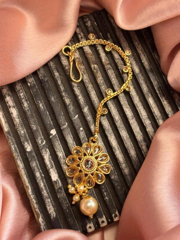 Gold Flower Maang Tikka with Pearl Drop