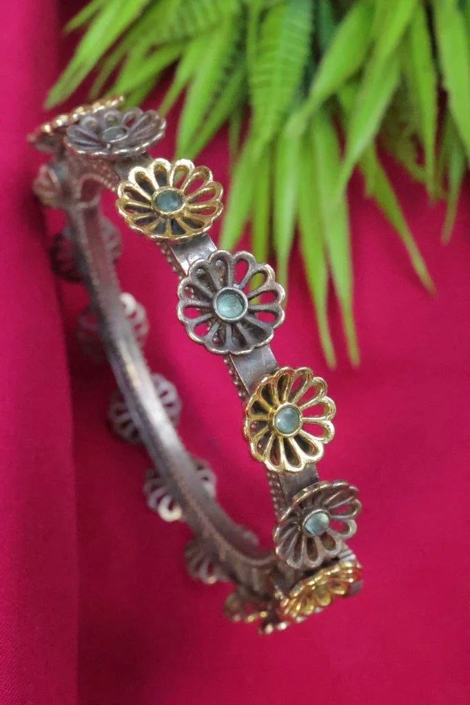 Dual Tone Rosette Bangle with Gold Floral Discs