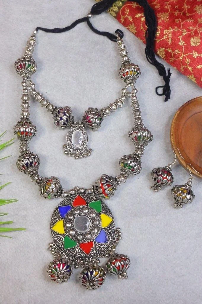 Enamel Bead Tribal Necklace with Mirror Medallion