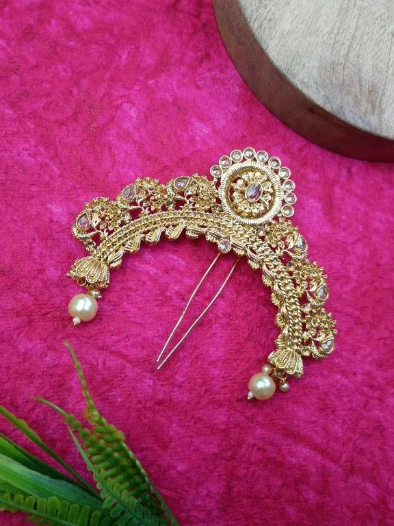 Gold Ambada Pin with Kundan Rosette and Pearl Drops
