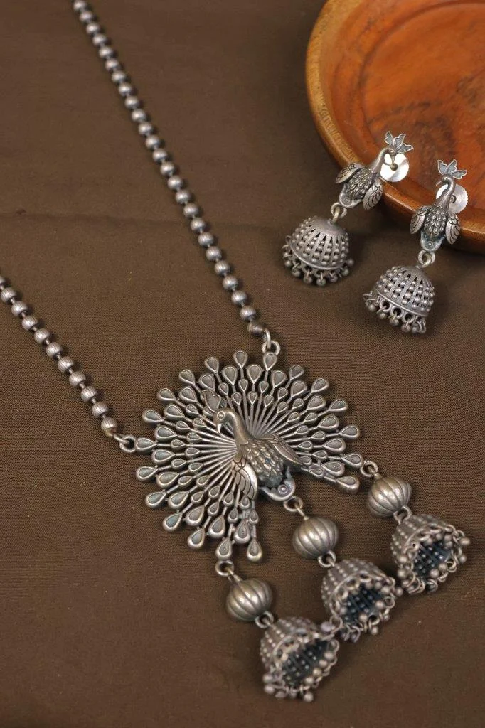 Peacock Fan Pendant Necklace with Jhumka Drops
