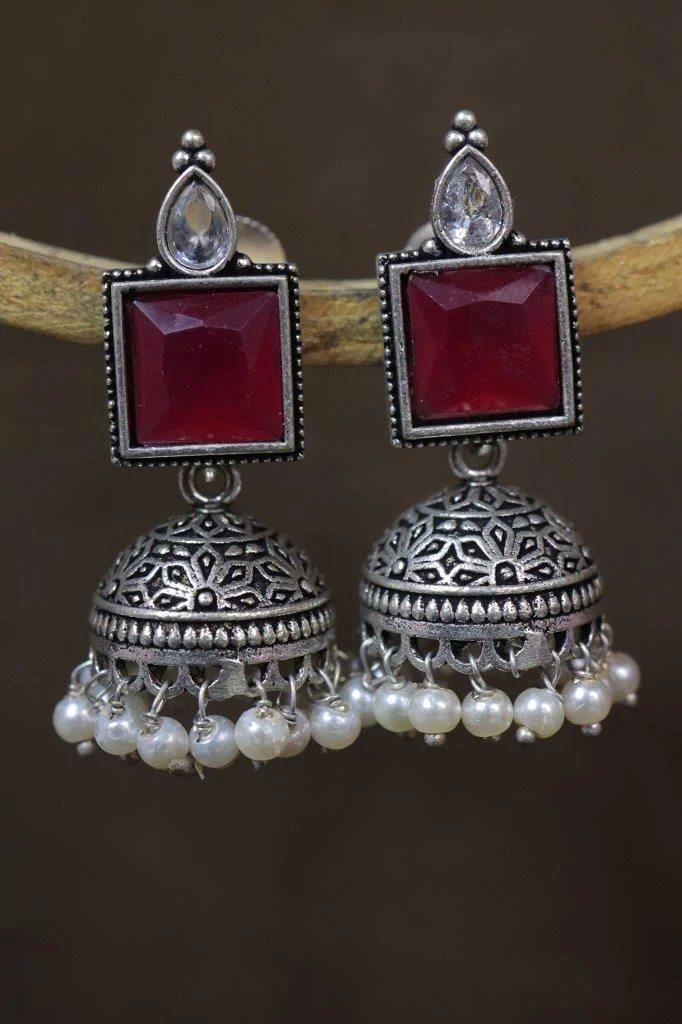 Square Stone Jhumka Earrings with Crystal Top