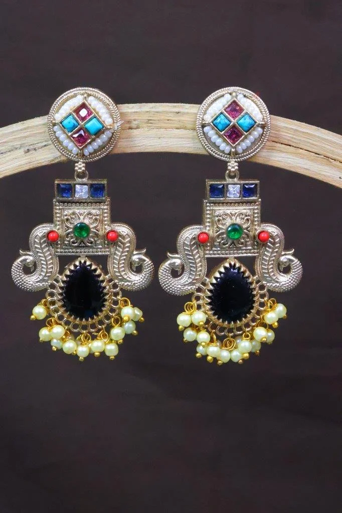 Dual Tone Peacock Chandbali with Pearl Fringe