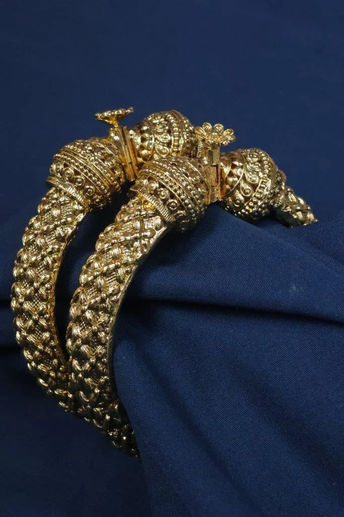 Granulated Gold Kada Set of Two with Tapered Ends