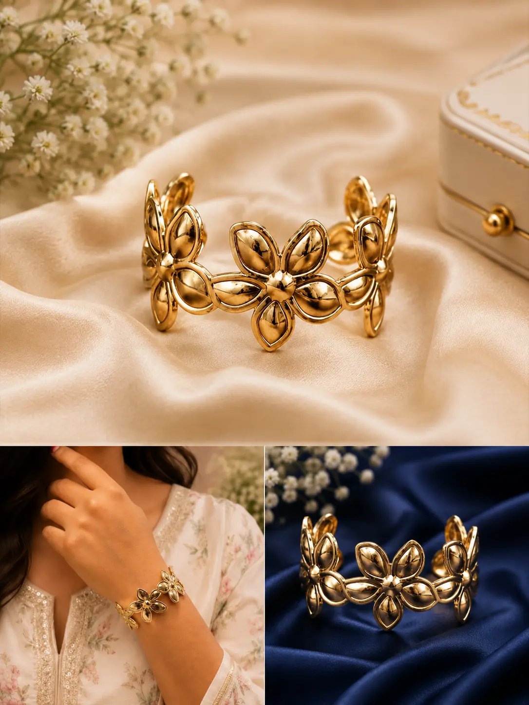 Golden Bloom Floral Bracelet | Anti-Tarnish Statement Wrist Jewellery for Women