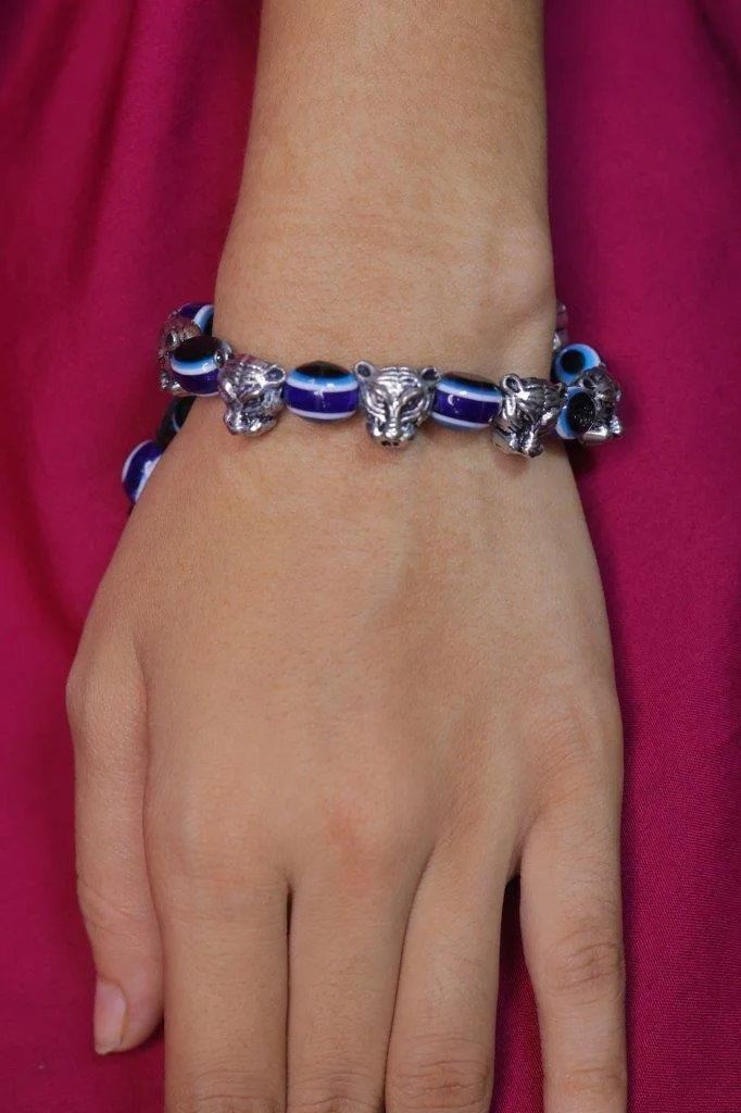 Evil Eye and Tiger Head Charm Black Thread Bracelet