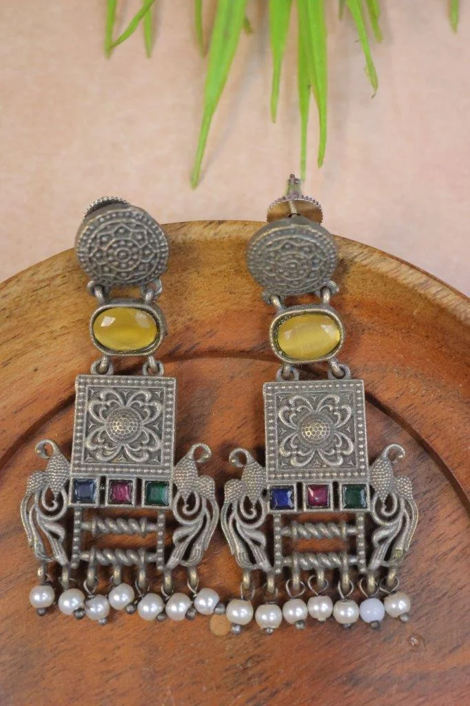 Silver Replica Temple Earrings with Peacock Panel and Pearls