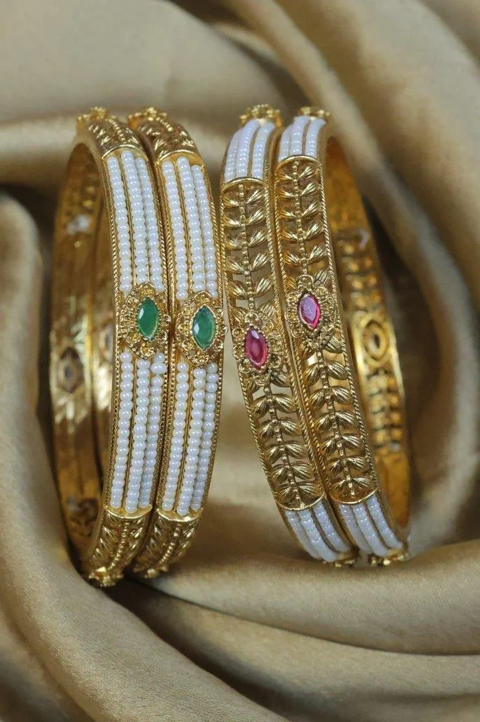 Pearl and Gold Bangle Set of Four with Stone Accents