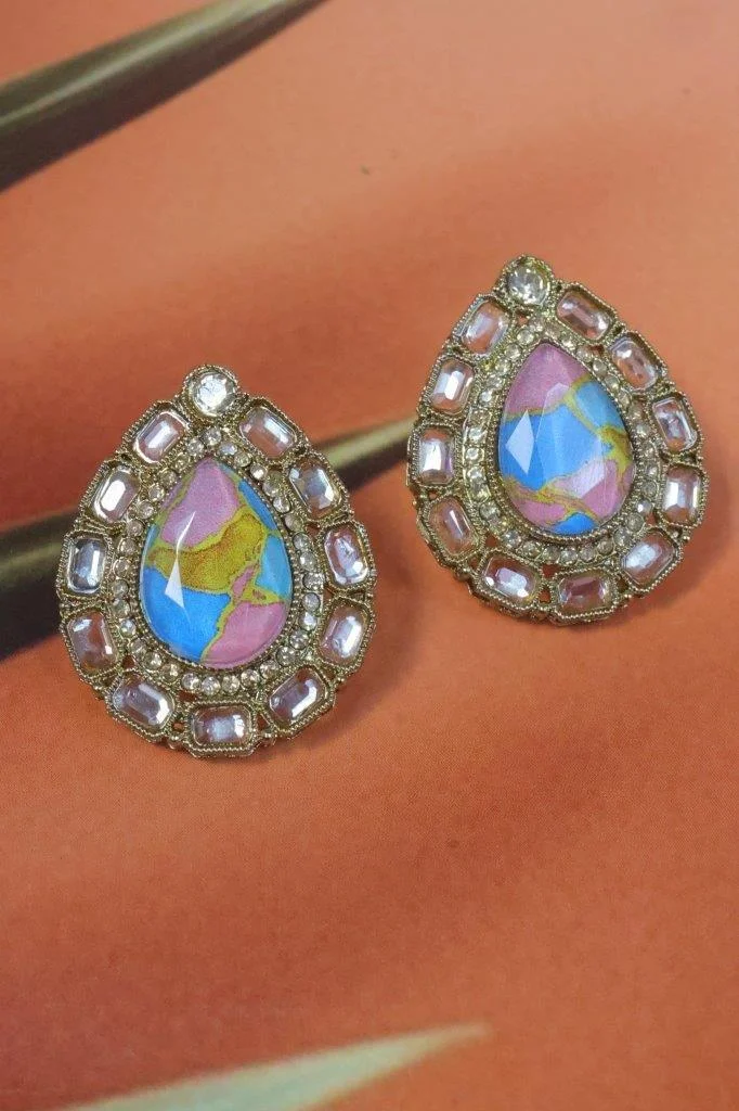 Pastel Rainbow Stone Teardrop Stud Earrings with Kundan Border