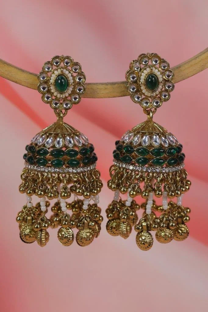 Green Stone Double Tier Jhumka Earrings in Antique Gold