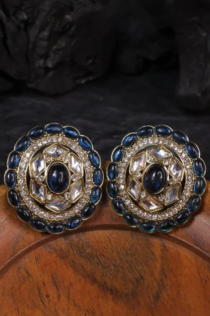 Blue Stone Round Kundan Stud Earrings