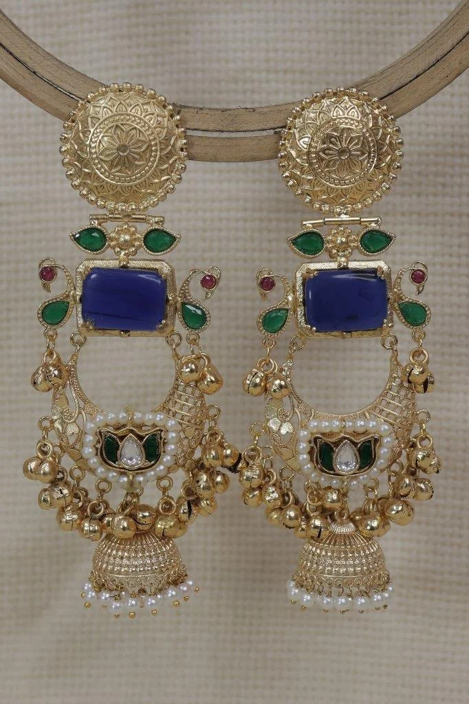 Golden Kashmiri Chandbali Jhumka Earrings with Blue Monalisa Stone and Ghungroo Bells