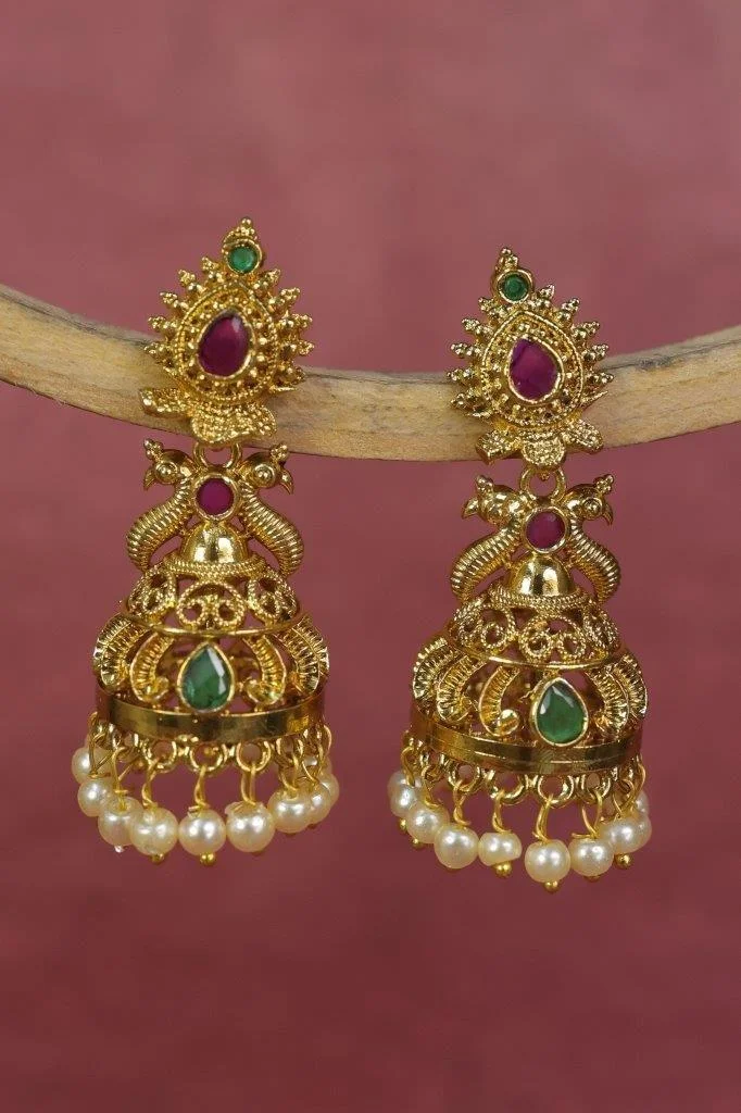 Green Centre Jhumka with Pearl Fringe
