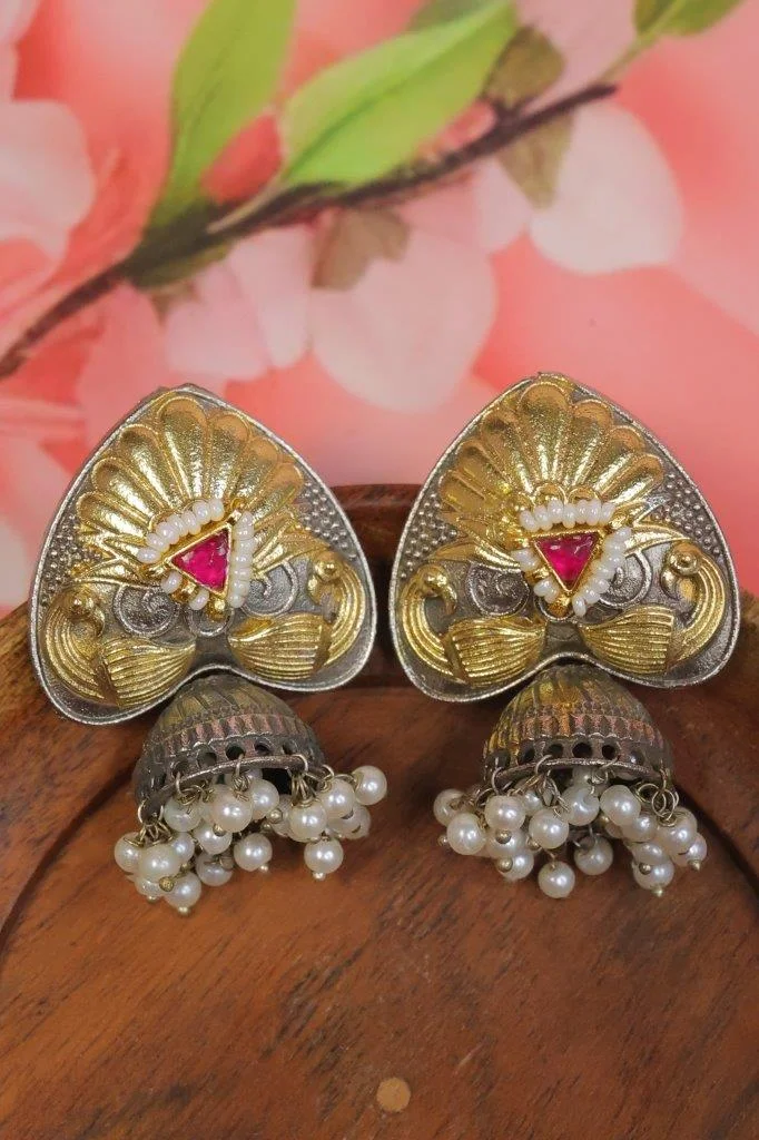 Dual Tone Paan Shaped Jhumka Earrings with Teardrop Stone