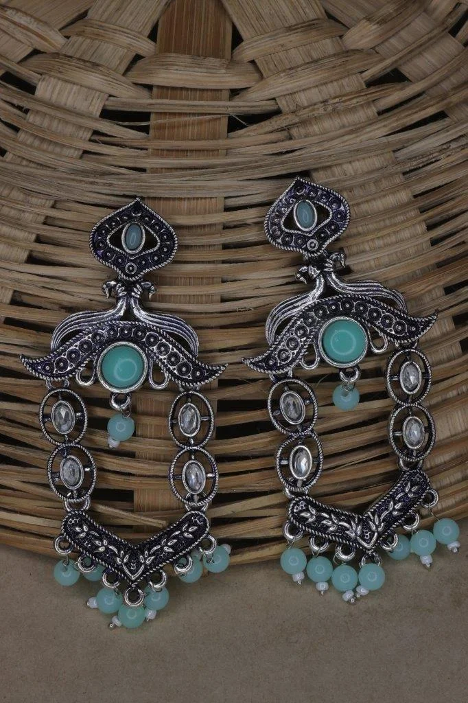 Dual Tone Drop Earrings with Cabochon and Bead Fringe