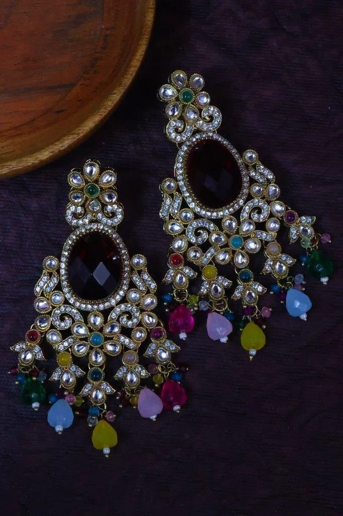 Maroon Centre Kundan Chandbali with Multicolour Drops
