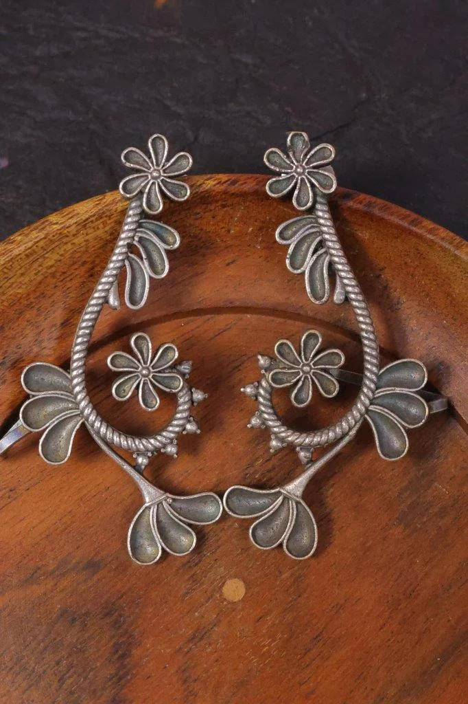 Oxidised Silver Floral Vine Ear Climber Pair