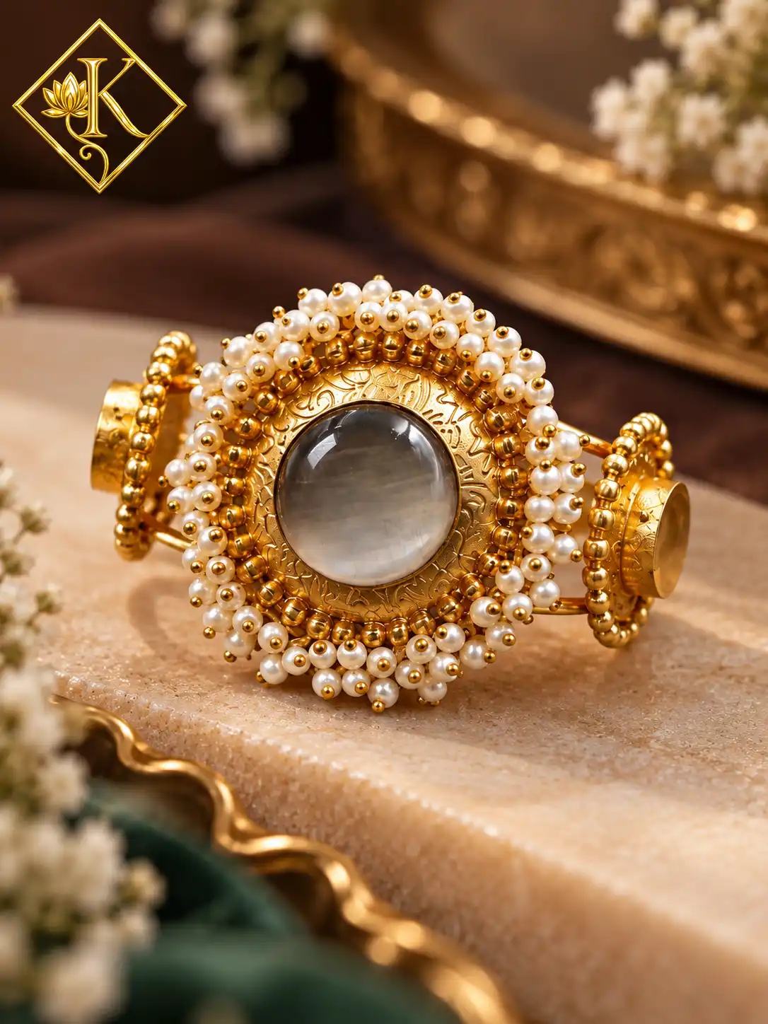 Gold Plated Round Pearl Halo Adjustable Ring