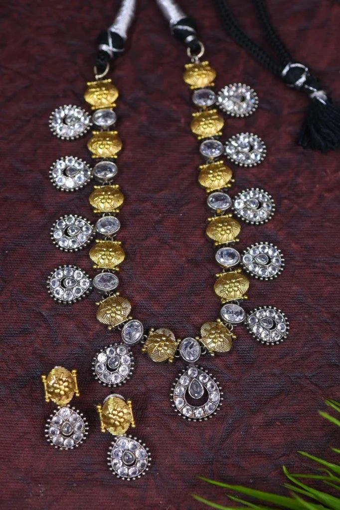 Navratna Disc Two Strand Necklace with Teardrop Pendant