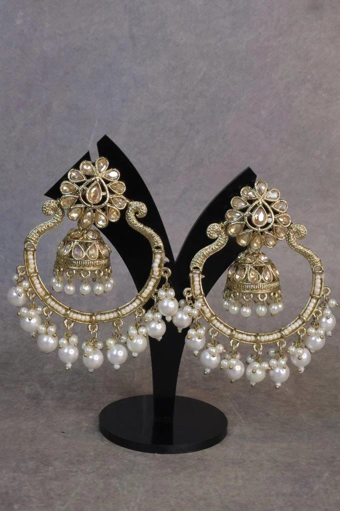 Gold Kundan Chandbali Earrings with Inner Jhumka and Pearl Fringe