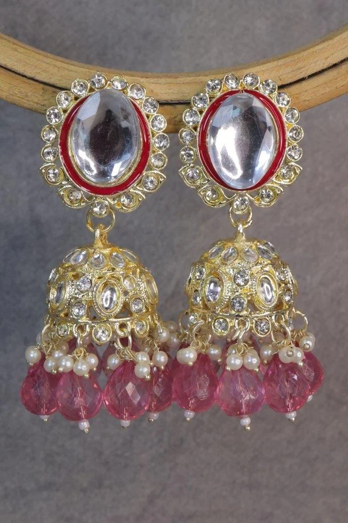Kundan Oval Jhumka Earrings with Bead Drops