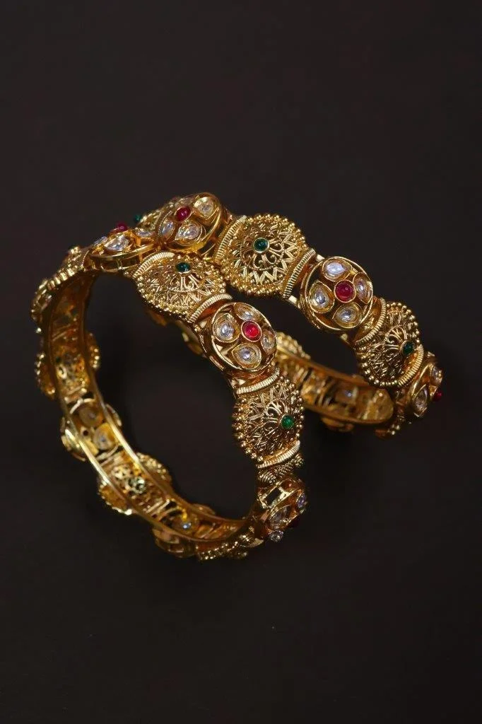 Gold Filigree Kada Set of Two with Kundan Clusters