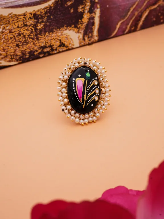 Hand Painted Oval Ring with Pearl Border