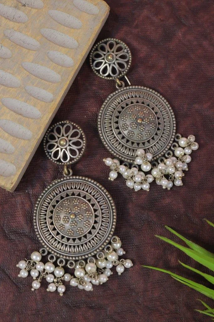 Oxidised Mandala Disc Earrings with Pearl Fringe