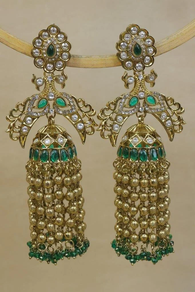 Emerald Kundan Jhumka Earrings with Gold Bead Cascade