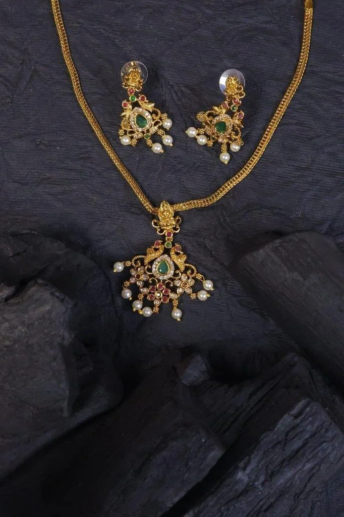 Floral Pendant Chain Set with Pearl Jhumkas