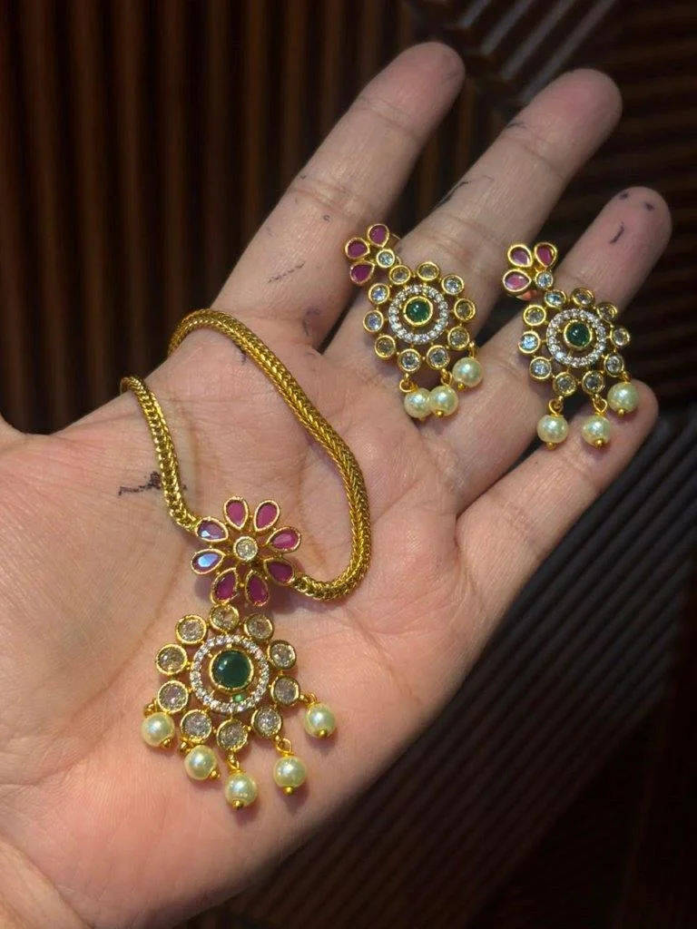 Floral Pendant Set with Pearl Drops