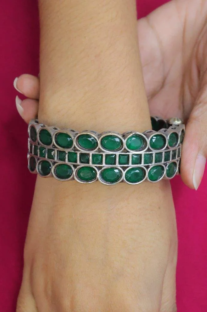 Oxidised Triple Row Green Stone Kada
