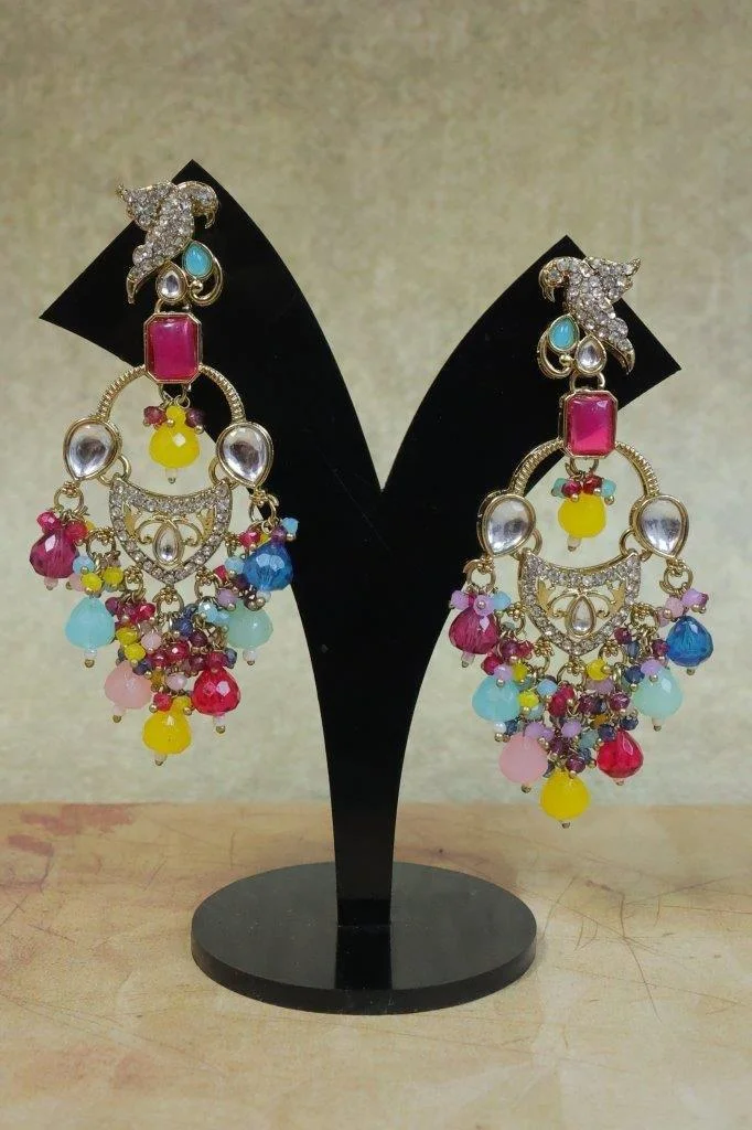 Kundan Chandbali with Cabochon Centre and Pastel Fringe