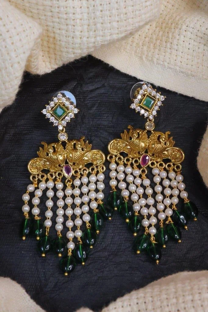 Pearl Strand Dangler Earrings with Green Beads