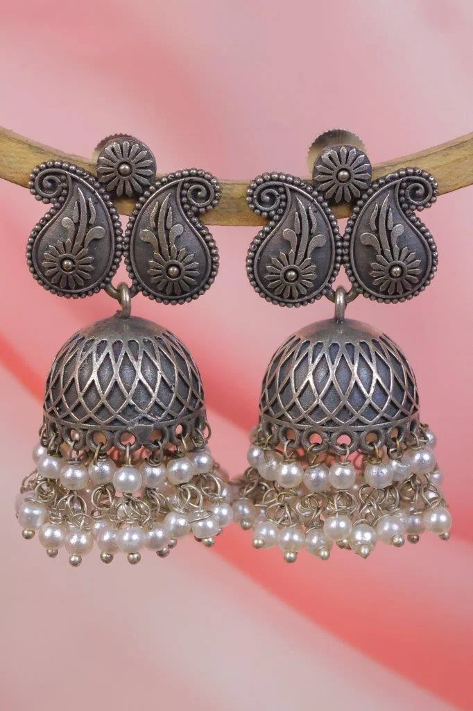 Oxidised Paisley Jhumka Earrings with Pearl Fringe