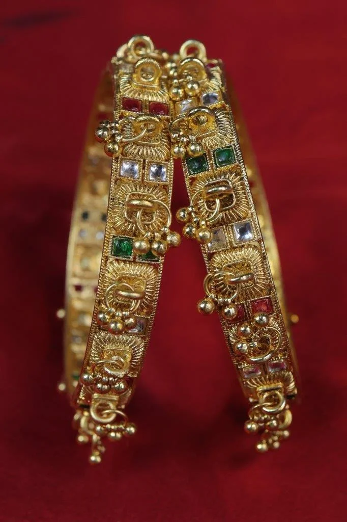 Antique Gold Paisley Kada Set of Two with Bead Drops