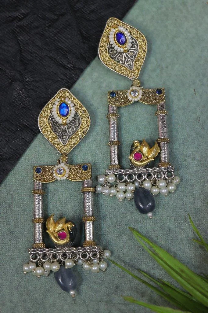 Temple Window Dual Tone Long Earrings with Pearl Fringe