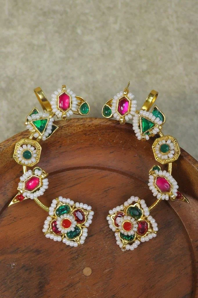 Golden Pearl-Framed Paachi and Monalisa Stone Ear Cuff with Flower Stud – Red and Green