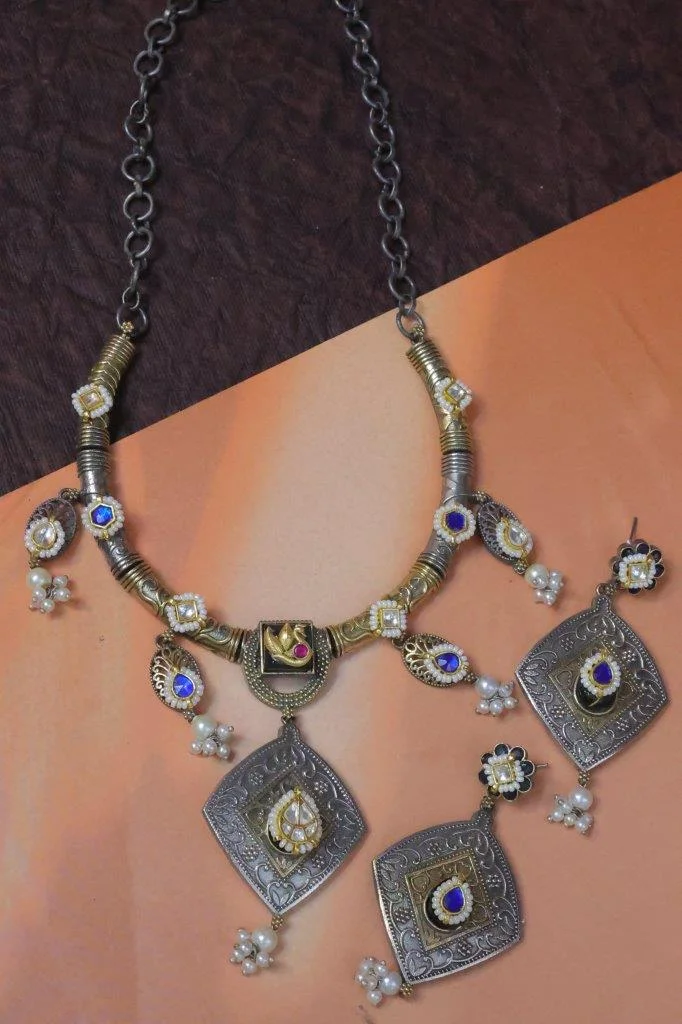 Diamond Panel Necklace with Blue Stones and Earrings