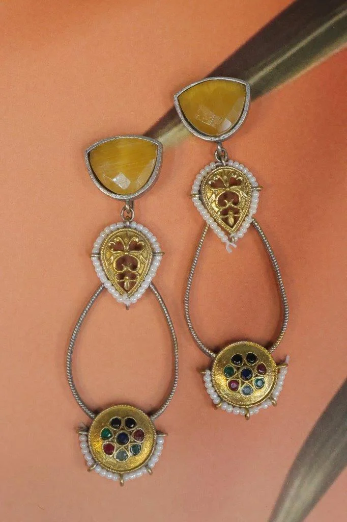 Dual Tone Open Teardrop Earrings with Yellow Stone Top