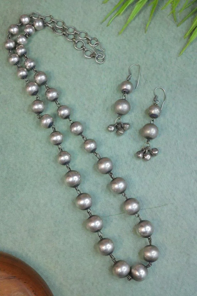 Silver Replica Bead Necklace Set with Matching Earrings