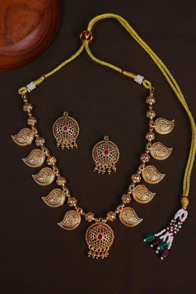 Antique Gold Mango Necklace on Silk Cord with Jali Pendant